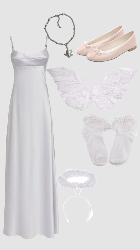 Angel Costume idea #costumeidea Angel Costume Long Dress, Christian Costume Ideas, Angel Costume Modest, Modest Angel Costume, Simple Angel Costume, White Dress Halloween Costume Ideas, Diy Angel Costume Women, Angelic Costume, Angel Outfit Costume