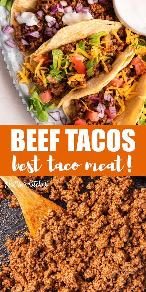 This easy taco recipe is made with perfectly seasoned ground beef and your favorite taco toppings. The whole family will love it when these tacos are on the menu! Seasoned Taco Meat Ground Beef, Season Taco Meat Ground Beef, Hamburg, Taco Beef Seasoning, Instant Pot Taco Meat Ground Beef, Ground Beef Taco Seasoning Recipes, Beef Taco Seasoning Recipe, Taco Meat Recipes Beef, Ground Taco Meat Recipes