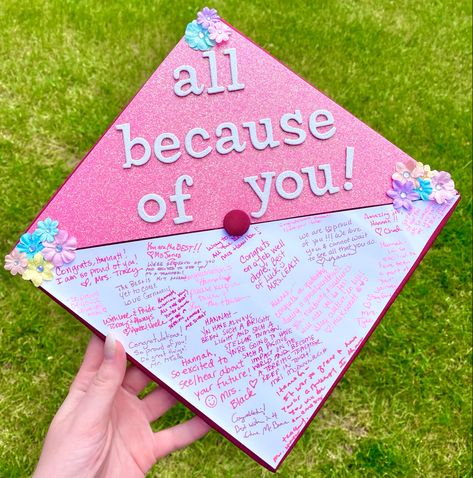 Graduation cap All Thanks To Them Grad Cap, Graduation Cap Designs 23, Cute Ways To Decorate Your Graduation Cap, Gad Cap Ideas, Graduation Cap Thank You, All Because Of You Graduation Cap, Hot Pink Grad Cap, Graduate School Cap Ideas, Sharply Evans Graduation Cap