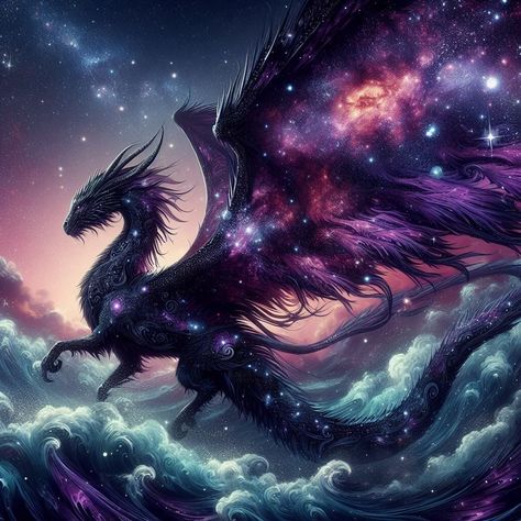 Night Dragon Art, Cosmic Dragon Fantasy Art, Cosmic Dragon Art, Purple Dragon Aesthetic, Void Dragon, Cool Dragon Pictures, Pretty Dragon, Purple Dragons, Galaxy Dragon