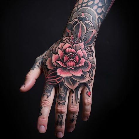 Flower Hand Tattoos, Lotus Hand Tattoo, Flower Hand Tattoo, Fist Tattoo, Tattoo Main, Japanese Hand Tattoos, Herren Hand Tattoos, Traditional Hand Tattoo, Full Hand Tattoo