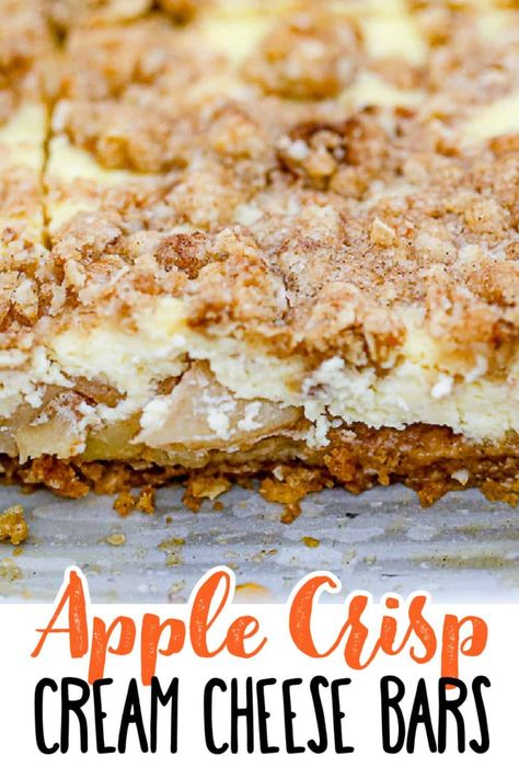 An easy recipe for apple crisp bars that's a cross between creamy cheesecake and apple crisp together! Loaded with cream cheese, both in the topping and bottom layer. Fall desserts really can't get any easier than this...and this will definitely be a go-to fall dessert recipe all throughout the holiday season. Apple Crisp With Cream Cheese, Cream Cheese Apple Crisp, Apple Crisp Cheesecake Bread, Apple Dessert Bars, Apple Crisp Cheesecake Bars, Recipe For Apple Crisp, Cheesecake Oatmeal, Apple Crisp Bars, Cheesecake Apple