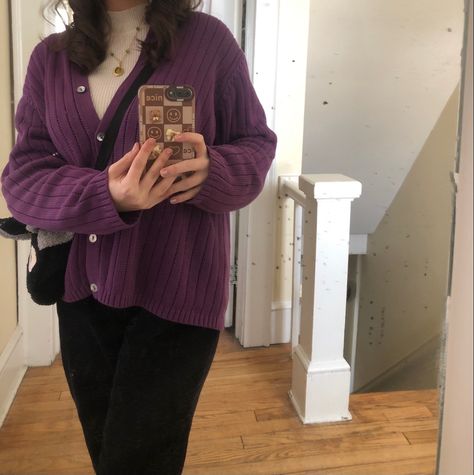 Purple Cardigan Aesthetic, Plum Cardigan Outfit, Dark Purple Cardigan Outfit, Purple Sweater Outfit Aesthetic, Purple Cardigan Outfits Aesthetic, Plum Purple Outfit, Purple Outfits Casual, Dark Purple Sweater Outfit, Dark Purple Outfit Aesthetic