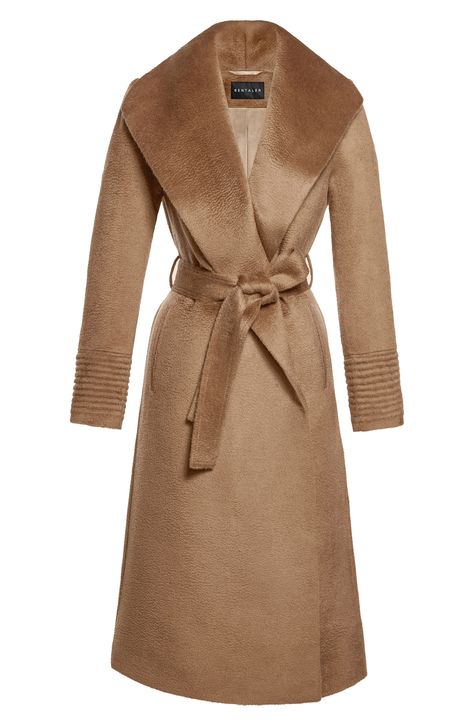 An oversize shawl collar and signature ribbed detailing at the cuffs define this sophisticated longline coat made from lustrous alpaca and wool. 44" length (size X-Small) True wrap style with removable self-tie belt Shawl collar Ribbed cuffs Side-seam pockets Back vent Lined 70% alpaca, 30% wool Dry clean Made in Peru Alpaca Shawl, Alpaca Coat, Full Length Coat, Suri Alpaca, Longline Coat, Blazer Designs, Wrap Coat, Camel Coat, Belted Coat