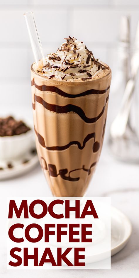 Rich and creamy, with a hint of chocolate flavor, this coffee milkshake makes the perfect sweet afternoon pick-me-up. Chocolate Coffee Shake, Morning Milkshake Breakfast, Chocolate Coffee Drink, Iced Chocolate Mocha, Good Coffee Recipes, Espresso Milkshake, Coffee Shake Recipe, Milk Shake Recipes, Blended Coffee Drinks Recipes