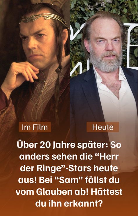 Die "Herr der Ringe"-Stars sehen heute ganz anders als. Das ist aber kaum verwunderlich, immerhin ist die Trilogie schon über 20 Jahre her! Demensprechen sind die Schauspieler*innen auch älter geworden und viele erkennt man gar nicht mehr wieder. Hugo Weaving spielte damals den Elben „Elrond“. In der Realität wird der Schauspieler aber durchaus älter. Aber auch "Samweis" alias Sam, gespielt von Sean Astin erkennt man kaum wieder! Sean Astin, Hugo Weaving, Pixar, Star Wars, Weaving, Tv, Stars, Quick Saves