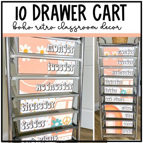 Drawer Rolling Cart, Teacher Cart, Happy Classroom, Retro Classroom, Middle School Ela Classroom, Office Organizing, Drawer Cart, Teacher Lesson Planner, Ela Classroom