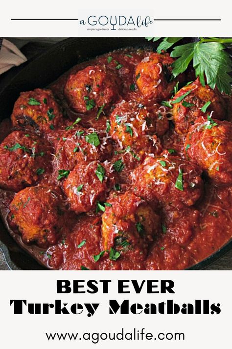 Delicious juicy Italian Meatballs from ground turkey, parmesan cheese and fresh herbs simmered in hearty, homemade pasta sauce. Get the recipe at AGOUDALIFE.COM #turkeymeatballs #groundturkeyrecipe #groundturkey #italianmeatballs #healthyturkeymeatballs #healthyrecipe #healthyfood #agoudalife Ground Turkey Italian Meatballs, Turkey Lentil Chili, Meatballs In Marinara Sauce, Best Turkey Meatballs, Tomato Marinara Sauce, Herbed Turkey, Italian Turkey Meatballs, Homemade Pasta Sauce, Turkey Meatballs Healthy