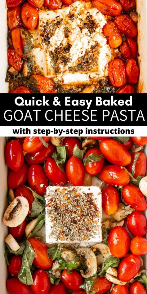 This goat cheese pasta is an easy and creamy pasta that is made with spinach, mushrooms, cherry tomatoes, goat cheese, balsamic vinegar, olive oil, and spices. This whole dish can be made in under an hour, and it’s beyond delicious! Goat Cheese Roasted Tomatoes, Cherry Tomato Goat Cheese Recipes, Goat Cheese Mushroom Pasta, Low Carb Goat Cheese Recipes, Balsamic Pasta Recipes, Balsamic Onion And Goat Cheese Pasta, Cherry Tomato Goat Cheese Pasta, Goat Cheese Baked Pasta, Goat Cheese Cherry Tomatoes Pasta