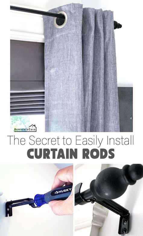 How To Install Curtain Rods Living Rooms, How To Put Up Curtain Rods, Diy Corner Curtain Rod, How To Install Curtains, How To Install Curtain Rods, How To Hang Curtain Rods, Install Curtain Rods, Hang Curtain Rods, Installing Curtain Rods