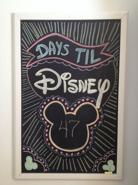 Disney countdown chalkboard Disney Chalkboard Art, Disney World Countdown, Fall Chalkboard Art, Chalkboard Bar, Chalkboard Inspiration, Fall Chalkboard, Disney Worlds, Chalkboard Door, Disney Surprise