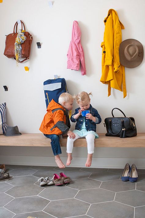 Hexagon Tile Mudroom Floor, Large Tile Entryway, Modern Entryway Tile Floor, Trending Tile Floors 2022, Mud Room Tile Ideas, Front Hall Tiles Entryway, Hexagon Tile Mudroom, Mud Room Tile Floor Ideas, Entrance Tiles Entryway