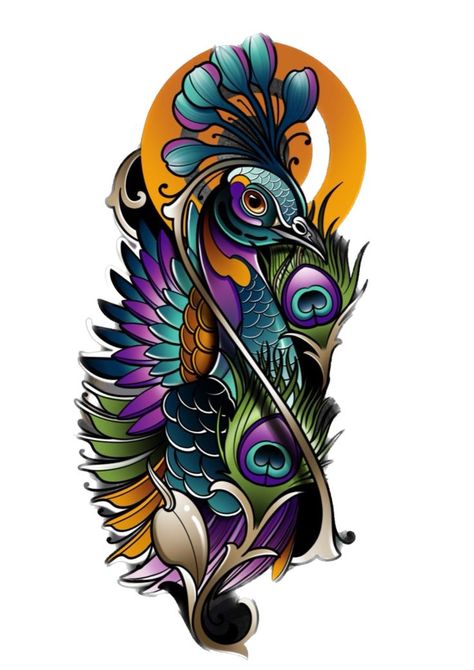 Traditional Tattoo Band, Colourful Tattoo Ideas, Peacock Tattoo Sleeve, Colourful Tattoo, Back Of Leg Tattoos, Best Tattoo Ideas For Men, Cobra Tattoo, Neo Tattoo, Animal Sleeve Tattoo