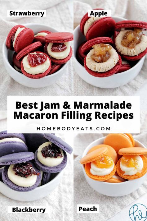 I always love using jam filling for my macarons, but I can never find recipes I like. This list has so many delicious jam macaron filling ideas. Everything from raspberry jam to blueberry, strawberry, peach, and cranberry jam. I am seriously going to make all of these jam filled macarons this summer with all the fresh fruit. I love how delicious macarons filled with jam taste! Raspberry Jam Filling For Macarons, Raspberry Macaron Filling, Pbj Macarons, Macrons Recipes Flavors, Macaron Filling Ideas, Strawberry Macarons Recipe, Macaron Inspiration, Macaroon Filling, Strawberry Macaroons