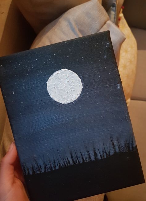 Easy Moon And Stars Painting, Stars Night Painting, Moon Painting For Beginners, Moon Painting Ideas Easy, Star Paintings Easy, Mini Paintings Ideas Easy On Paper, Black Canvas Mini Painting, Simple Moon Painting Ideas, Painting Ideas Night Sky Easy