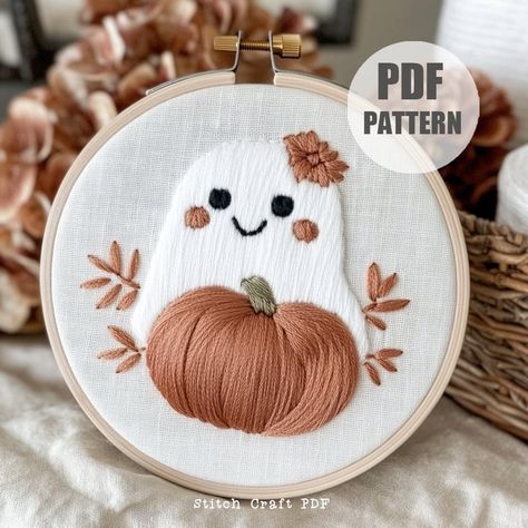 DESCRIPTION Celebrate the spooky charm of Halloween with this Ghost and Pumpkin Hand Embroidery Pattern! Perfect for festive enthusiasts and embroidery lovers, this cute ghost holding a pumpkin design is ideal for creating charming hoop art. Beginner-friendly and instantly downloadable, let's stitch this delightful pattern and add a touch of Halloween magic to your decor! YOUR DOWNLOAD INCLUDES: ~ Printable PDF pattern in 6 sizes: 3,4,5,6,7 and 8 inches, giving you the flexibility to adapt it to Wood Embroidery Patterns, Desert Embroidery Pattern, Autumn Embroidery Designs, Ghost Embroidery Pattern, Halloween Embroidery Patterns Free, Halloween Embroidery Ideas, Thanksgiving Embroidery Designs, Embroidery Designs For Men, Halloween Embroidery Patterns