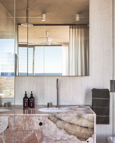 Pink Patagonia is a natural artwork in the bathrooms of @portum.byronbay , a luxury stay and shoot location in the heart of Byron Bay.⁣⁣⁣Stonework by @urbanonemarble⁣Photo by @andymacpherson.studio⁣⁣⁣⁣⁣#cdkstone #pinkpatagonia #quartzite #naturalstone #naturalbeauty #naturesmasterpiece #designstyle #natural #stone #interiors #exteriors #designinspo #designinspiration #natural #interiors #stone #interiordecor #designoftheday Pink Patagonia Quartzite, Patagonia Bathroom, Pink Patagonia, Natural Artwork, Natural Interiors, Creek House, Bear Creek, Marble Vanity, Nature Artwork