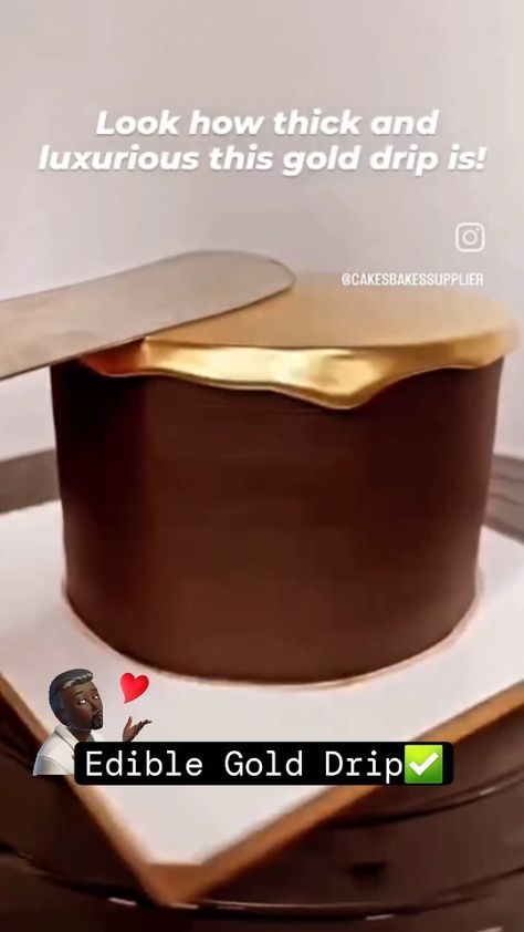 Michael Salako | This edible gold drip is thick❕️ #Recipe Alert ⚠️ Edible Gold Drip by @cakesbakessupplier | Instagram Black Red Gold Cake, Gold Drip Recipe, Gold Drip Cake, Drip Cake Recipes, Cake Lettering, Chocolate Cake Designs, Letter Cake, Gold Birthday Cake, Cake Frosting Recipe