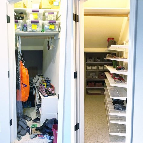 Simply Done: The Ultimate Under Stairs Closet - Simply Organized Understair Closet Storage, Cabin Shelves, Understairs Pantry, Understairs Cupboard, Under Stairs Closet, Stairs Pantry, Stairs Closet, Under Stairs Pantry, Closet Under Stairs