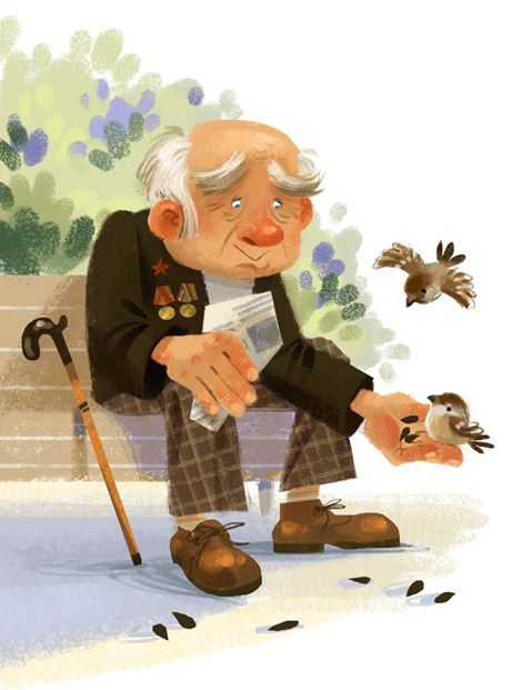 Grandpa's Friends by Anna Chernyshova Old People Cartoon Drawing, Anna Chernyshova, Old People Drawing, Old Man Illustration, Character Sitting, Sejarah Asia, Sparrow Art, Illustration Art Kids, Man Illustration