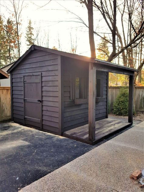 Black Shed With Wood Trim, Dark Grey Shed, Wooden Shed Ideas, Shed Patio Ideas, Black Sheds, Detached Office, Diy She Shed, Black Shed, Garden Shed Interiors