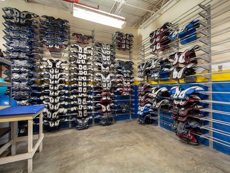 Organized shoulder pad storage solution for a high school #football team Organize Football Gear, Football Equipment Storage Ideas, Football Storage Ideas, Football Equipment Storage, Football Gear Storage, Football Storage, Football Shoulder Pad, Sports Equipment Organization, Pants Organization