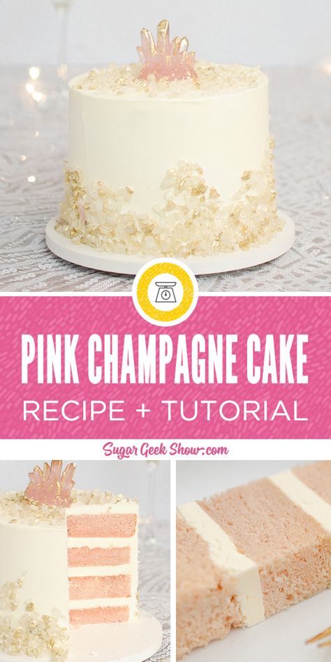 The best pink champagne cake made with real champagne, light and fluffy vanilla buttercream frosting and decorated with beautiful rock candy and an edible pink crystal on top! Happy New Years cake anyone?? Pink Champagne Cake Recipe, Champagne Cake Recipe, Fluffy Vanilla Buttercream, New Years Cake, Pink Champagne Cake, Cakes To Make, Champagne Cake, New Year's Cake, Vanilla Buttercream Frosting