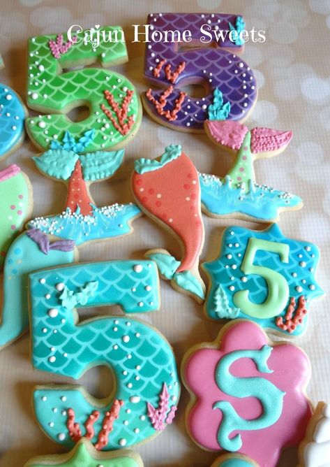 Under the Sea 5th Birthday by Cajun Home Sweets Under The Sea Royal Icing Cookies, Number 5 Cookies Decorated, Under The Sea Birthday Cookies, Tropical Cookies, Number Cookies, Combined Birthday Parties, Cookie Birthday Party, Mermaid Cookies, Fish Cookies