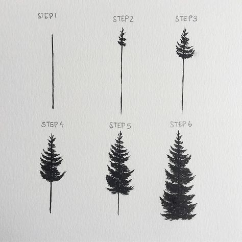 Drawing Trees Step By Step, Tree Drawing Simple, Pine Tree Drawing, Drawing Trees, Tree Drawings Pencil, Christmas Paintings On Canvas, Easy Canvas Painting, Seni Cat Air, 수채화 그림