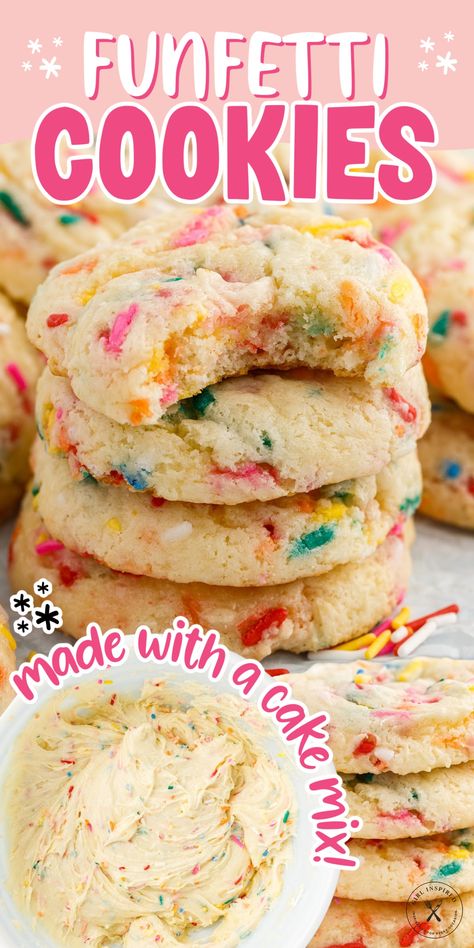 Easy Funfetti cake mix cookies are made with 5 simple ingredients, have a chewy center, and are packed with fun colorful sprinkles. Confetti Cookie Cake, Box Confetti Cake Mix Recipes, Confetti Box Cake Mix Hacks, Confetti Cake Mix Recipes, Cake Batter Cookies Easy, Cake Mix Cookies Funfetti, Vanilla Cake Mix Cookies, Confetti Cake Mix Cookies, Easy Funfetti Cake