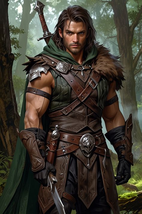 A towering forest ranger reminiscent of Aragorn from L 3 Dnd Archer Character Art, Male Ranger Character Art, Archer Tattoo Men, Human Ranger Dnd Male, Celtic Character Design, Ranger Dnd Male, Dnd Ranger Character Design, Human Archer, Archer Male