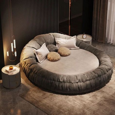 Modern Round Bed with Mattress - ITS JUST NOT A FURNITURE ITS A MASTERPIECE BY @sajosaamaan Style : Modern Contemporary Colour: Charcoal Grey Material: Velvet Timber Frame base Size: Queen Size 245cm L x 245cm W x 100cm H (US) 96.6" L x 96.5" W x 39.4" H Mattress Size 200cm x 200cm (US) 78.7" x 78.7" Features: ✅Unmatched style and relaxation ✅Modern elegance ✅High quality ✅Versatile aesthetics ✅Statement piece #roundbed #queensize #lowfloorbed #LuxuryFurniture #luxurylook #LuxuryInt... Dream Beds, Italian Style Furniture, Circle Bed, Couple Bed, Round Bed, Nest Bed, Decor Fireplace, Round Beds, Rooms Ideas