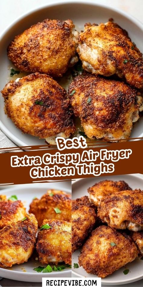 Looking for a quick and tasty way to prepare chicken thighs? This extra crispy air fryer recipe is not only simple but delivers mouthwatering results! Make mealtime a breeze while enjoying succulent flavors. Be sure to save this recipe for your next family feast! Airfryer Bone In Chicken Thighs, Simple Chicken Thigh Recipes Easy, Chicken Thigh Recipes Airfryer, Skinless Chicken Thigh Recipes Air Fryer, Bone In Chicken Thighs Air Fryer, Quick Chicken Thigh Dinner, Air Fryer Boneless Skinless Thighs, Crispy Chicken Thighs Air Fryer, Air Fryer Chicken Thighs Boneless Skinless