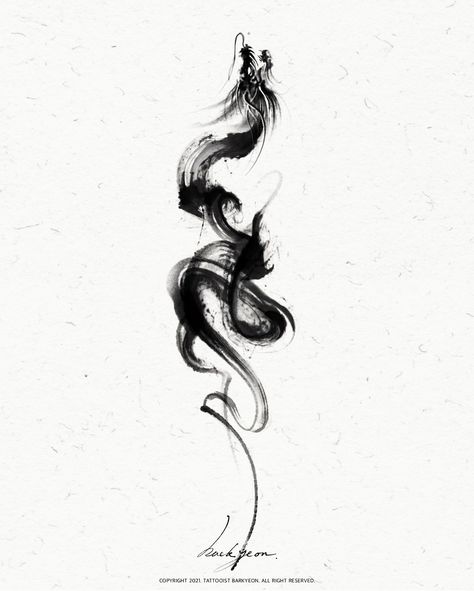 Instagram: tattooist_baekyeon Tattoo With Shadow Effect, Sketch Dragon Tattoo, Brush Dragon Tattoo, Japanese Brush Tattoo, Dark Feminine Tattoo Ideas, Back And Neck Tattoos, Guy Tattoos Aesthetic, Presence Tattoo, Two Dragons Tattoo