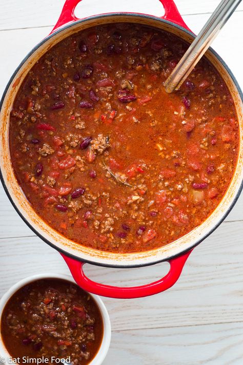 Simple and comforting beef and beans slow simmered in diced tomatoes, chili powder, and other spices. This easy & delicious chili recipe screams “COMFORT FOOD”! #eatsimplefood #chili #glutenfree #easydinners #comfortfood Chili Fresh Tomatoes, Chili With Rotel Recipe, Rotel Chili Recipe, Red Bean Chili Recipe, Mild Chili Recipe, Canned Tomato Recipes, Beef And Bean Chili, Recipes With Diced Tomatoes, Basic Chili