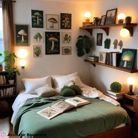 Mushroomcore Aesthetic Room Decor 🍄🍄🍄 #mushroomaesthetic #mushroomaesthetics #mushroomcore #mushroomroom #aestheticroom #aestheticrooms #aestheticroomideas #aestheticbedroom #aestheticroominspo Mushroom Aesthetic Bedroom, Mushroom Room Aesthetic, Mushroomcore Aesthetic, Cottagecore Aesthetic Bedroom, Rental House Decorating, Green Room Decor, Small Apartment Bedrooms, Bedroom Redesign, Sage Green Bedroom