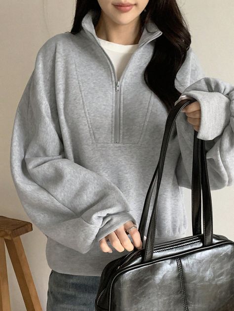 Women's Fleece Lined Loose Fit Sweatshirt Grey Casual  Long Sleeve Fabric Plain Half Placket Medium Stretch Fall/Winter Women Clothing, size features are:Bust: ,Length: ,Sleeve Length: Sports Track Pants, Casual Sweatpants, Women Sweatshirts, Effortless Hairstyles, Dark Jeans, Womens Fleece, Workout Sweatshirt, Inspiration Mode, Outdoor Apparel