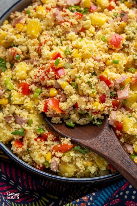 Enjoy the sweet and savoury flavours of this Hawaiian-Style Couscous, where fluffy couscous meets savoury ham, juicy pineapple, and sautéed veggies. Quick and easy to make, it's a deliciously balanced dish perfect for busy weeknights. Sautéed Veggies, Couscous Recipe, Couscous Recipes, Sauteed Veggies, Hawaiian Style, Couscous, Pineapple