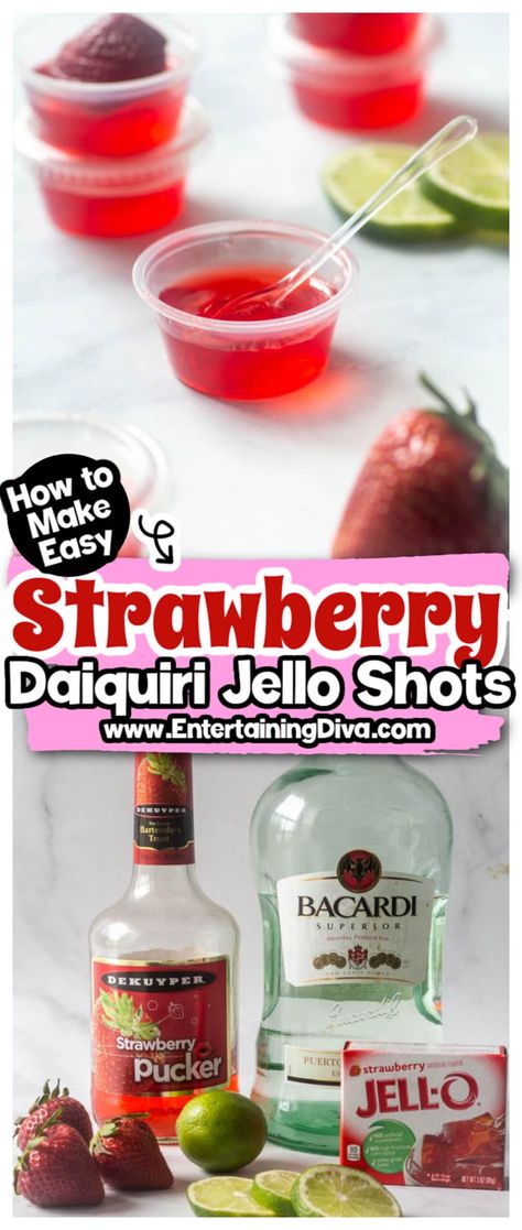 Very Berry Strawberry Daiquiri Jello Shots | Rum Jello Shots Strawberry Daiquiri Jello Shots, Adult Summer Party, Rum Jello Shots, Strawberry Jello Shots, Margarita Jello Shots, Strawberry Daiquiri Mix, Best Jello Shots, Jello Shots Recipe, Jell O Shots