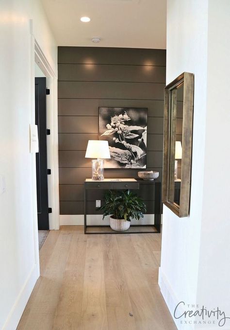 Painted Shiplap Wall Color is Benjamin Moore Kendall Charcoal Painted Shiplap, Decoration Hall, Dark Accent Walls, Painting Shiplap, Shiplap Accent Wall, Accent Wall Colors, The Golden Girls, Accent Walls In Living Room, Accent Wall Bedroom