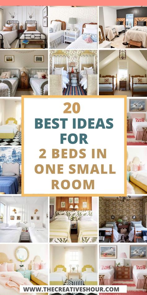 Discover creative ideas for arranging 2 beds in one small room! From DIY solutions to apartment-friendly layouts, explore twin bedroom decor that maximizes space and enhances the small bedrooms' aesthetic appeal. Small Bedroom Ideas For Twin Beds, Twin Beds Small Room Shared Bedrooms, 2 Single Beds In Small Room, One Bedroom Two Beds, Two Beds In Small Bedroom, 2 Beds In One Small Room Ideas, Twin Small Bedroom Ideas, Guest Bedroom Ideas With Twin Beds, Room Layout Bedroom 2 Beds