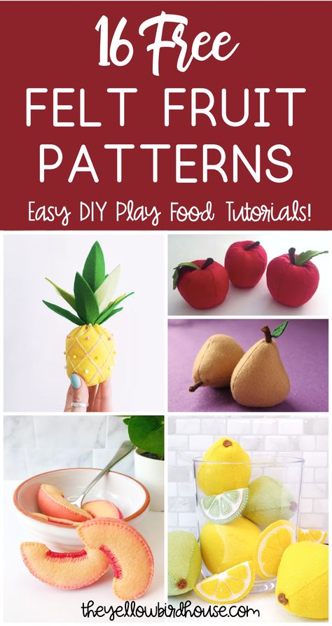 16 Free Felt Fruit Patterns - Easy DIY Play Food - Felt Craft Patterns, Felt Fruit And Vegetables Diy, Diy Toy Food, Hand Sewing Tutorials, Diy Felt Play Food, Diy Play Food, Felt Veggies, Felt Food Templates, Felt Food Patterns Free