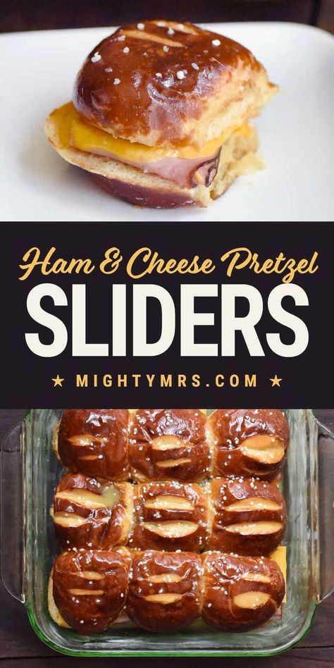 Pretzel Bun Dinner Ideas, Ham And Cheese Pretzel Sandwich, Ham And American Cheese Sliders, Kings Hawaiian Pretzel Bites Recipes, Ham And Cheddar Cheese Sliders, Pretzel Bun Sliders Recipes, Black Forest Ham Recipes, Ham And Cheddar Sliders, Pretzel Roll Sandwich