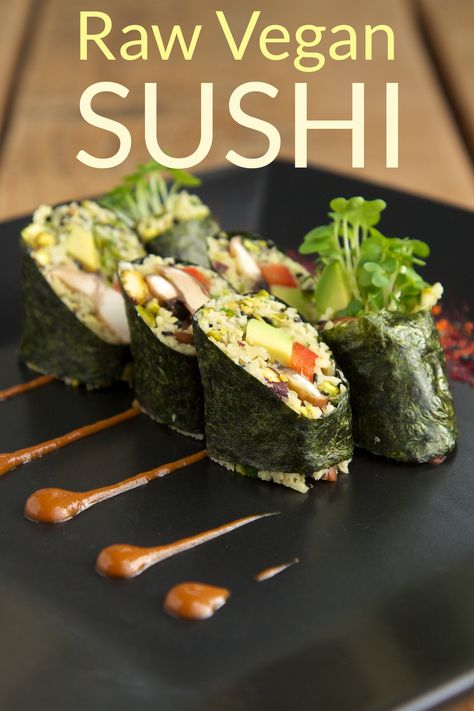 Raw Vegan Sushi, Raw Vegan Recipes Easy, Raw Vegan Dinners, Miso Sauce, Raw Vegan Diet, Raw Cauliflower, Marinated Mushrooms, Vegan Sushi, Raw Diet