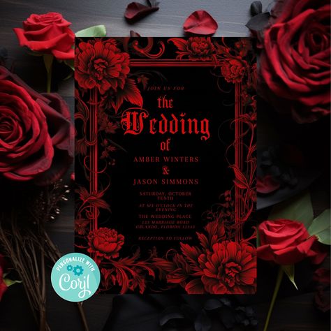 Red Gothic Wedding Invitation Template, Red and Black Invite, Editable Invitation, DIY Wedding Invite, Dark Moody Wedding, Vampire Inspired WeDoInvitations Red Gothic Wedding, Dark Moody Wedding, Vampire Wedding, Gothic Wedding Invitations, Red Gothic, Invitation Diy, Goth Wedding, Dark Romantic, Gifts For My Girlfriend