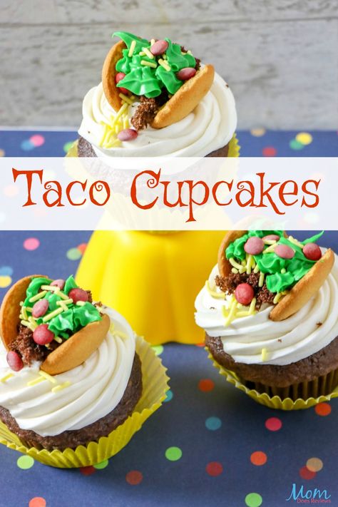 Taco Cupcakes for a fun Taco Night Dessert! #cupcakes #tacos #desserts #sweets #funfood #extremecupcakes Taco Themed Cupcakes, Taco Themed Desserts, Taco Cake Birthday, Taco Night Dessert, Taco Cakes, Taco Cupcakes, Taco Cake, Piñata Cake, Night Dessert