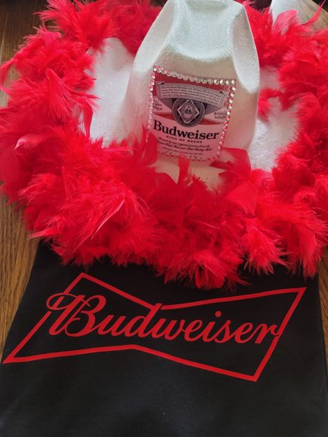 Budweiser Cowboy Hat, Liquor Themed Cowgirl Hats, Cowboy Hats Decorated Like Alcohol, Alcoholic Drink Cowboy Hats, Diy Alcohol Hats, Liquor Cowboy Hats, Liquor Themed Cowboy Hats Diy, Drink Costumes Alcoholic, Alcohol Party Hats