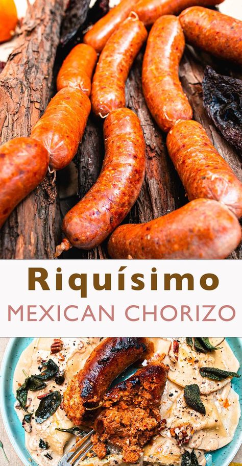 INGREDIENTS
CLASSIC CHORIZO
1 kg ground pork grounded twice in the machine of your butcher
200 g pork back fat, grounded
5 tbsp white vinegar
1 ancho chili
2 guajillo chili
1.5 tsp paprika
1 tsp vegetable oil
2 tbsp sea salt
½ tsp ground cumin
¼ tsp ground black pepper
1 tbsp mexican oregano
a pinch of clove
¼ tsp cinnamon
1 garlic, grated
6 feet small hog casings

APPLE SAGE MAPLE SYRUP BREAKFAST SAUSAGES
… find the recipe on the link provided. Chorizo Recipes Mexican, Chorizo Recipe, Homemade Chorizo, Mexican Chorizo, Chorizo Recipes, Recipe Mexican, Homemade Mexican, Sage Sausage, Sausage Recipe