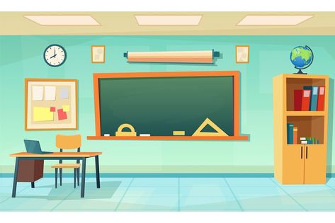 Nobody school classroom interior with teachers desk and blackboard. cartoon School Education background. Classroom interior. Meeting room. Vector illustration in a flat style School Classroom Interior, Empty Classroom, Happy Teachers Day Card, Children's Book Layout, Education Background, Teachers Desk, Classroom Interior, School Tables, School Template