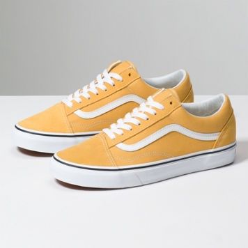 Yellow-mustard Old Skool Vans | 👟 Vans Slip On Outfit, Basket Vans, Yellow Vans, Tenis Vans, Vans Store, Popular Shoes, Yellow Shoes, Womens Shoes High Heels, Leather Shoes Woman